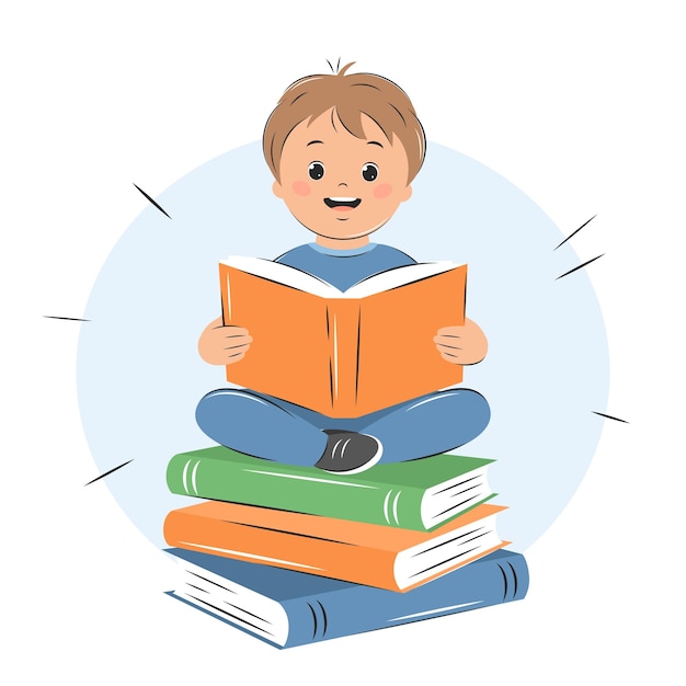 꼬마 소년 읽기 책입니다. 지식과 교육 개념.