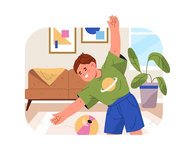 朝のルーティンでストレッチする少年