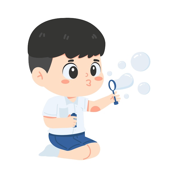 Vector kid boy student blowing soap bubbles