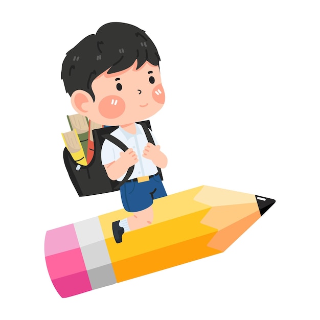 Kid boy student flying with pencil