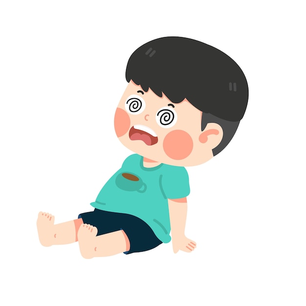 Vector kid boy with dizziness sitting on floor