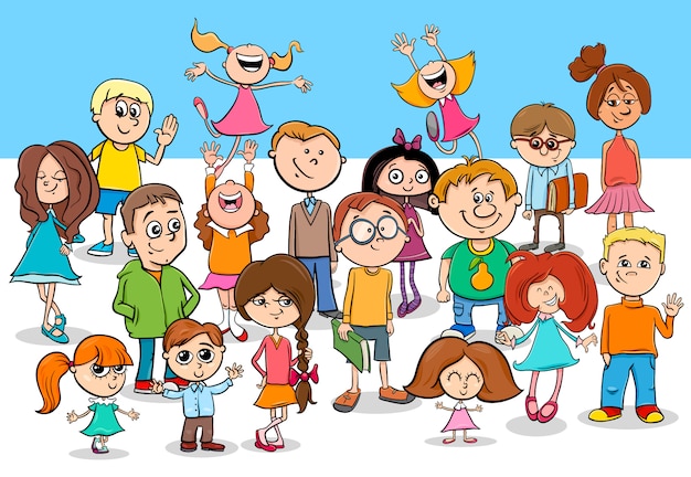 子供の男の子と女の子の漫画のキャラクターグループ