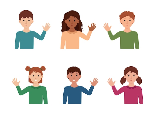 Kid boys and girls waving their hands hello bye children waving in greeting goodbye vector illustration