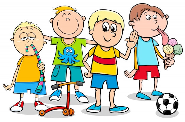 Kid boys with toys cartoon illustration