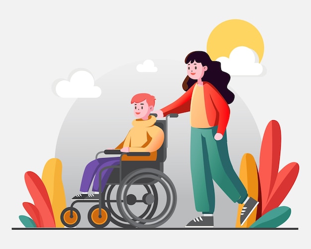 A kid caring for a friend who is temporarily disabled and recovering Flat design
