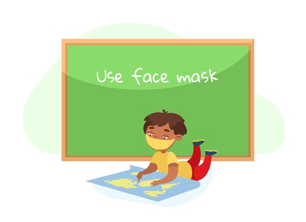 Vector kid character in face mask lying on floor