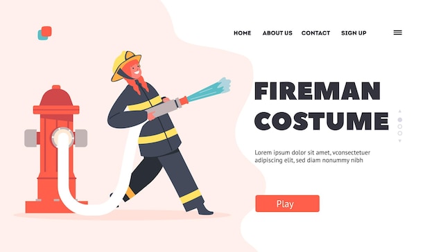 Kid Character in Fireman Costume Landing Page Template Brave Girl Spray Water from Hose Dangerous Profession