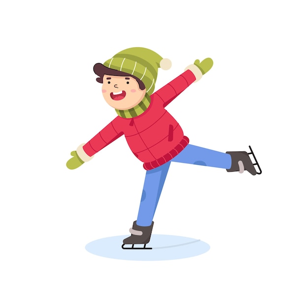 Vector kid character skates. winter holiday activities. children character.