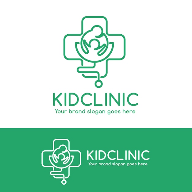 Logo del kid clinic, genitore e bambino in simbolo croce con stetoscopio