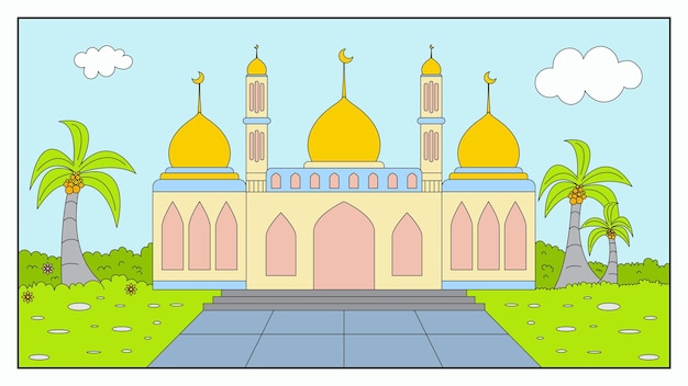 Kid Colorful Mosque Cartoon Illustration