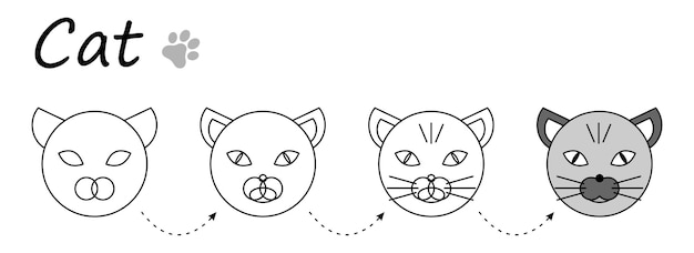 아이 색칠 워크 시트 단계별 고양이 그리기 미취학 아동을위한 쉬운 교육 게임