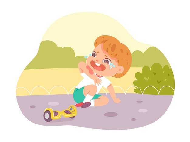 Kid crying after accident falling to ground from hoverboard Cartoon little child riding electric transport in park and falling boy with hurt on arm isolated on white