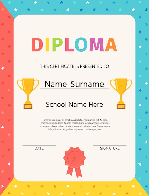 Kid diploma. Certificate background. . Winner blank. Preschool, kindergarten, school template graduation backdrop with trophy cups and award stamp ribbon. Layout . Cartoon illustration.