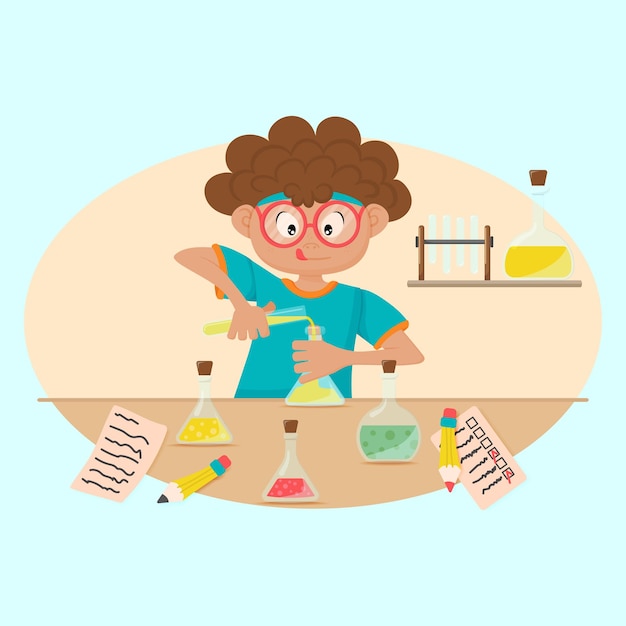 Vector kid doing chemical experiment home experiments illustration