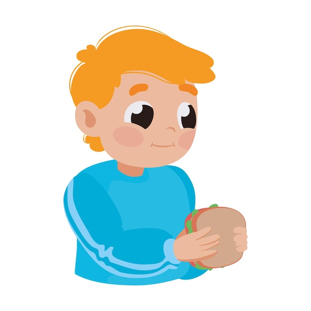 Vector kid eating a burger isolated icon