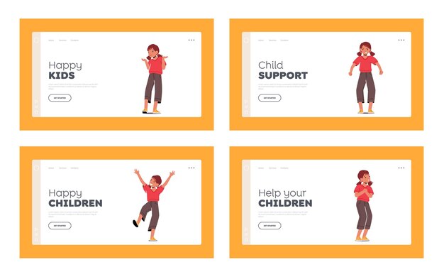 Kid emotions landing page template set surprised happy shocked\
angry and crying facial expression children feelings