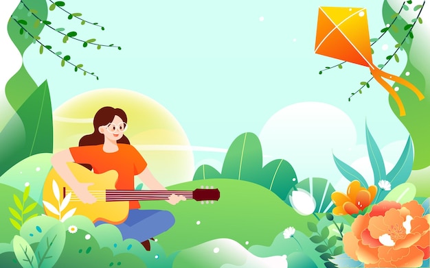 Kid flying a kite outdoors in spring with mountains and plants in the background, vector