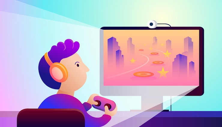 Vector kid or gamer playing computer game games addiction