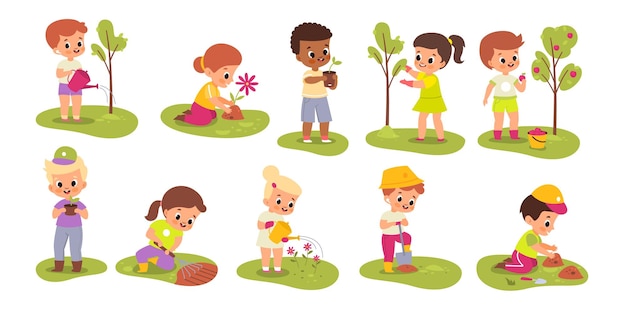 Kid gardener Children work in garden Babies watering trees and picking apple harvest Boys planting seedlings Girls taking care of flowers Vector scenes set with pupils growing plants