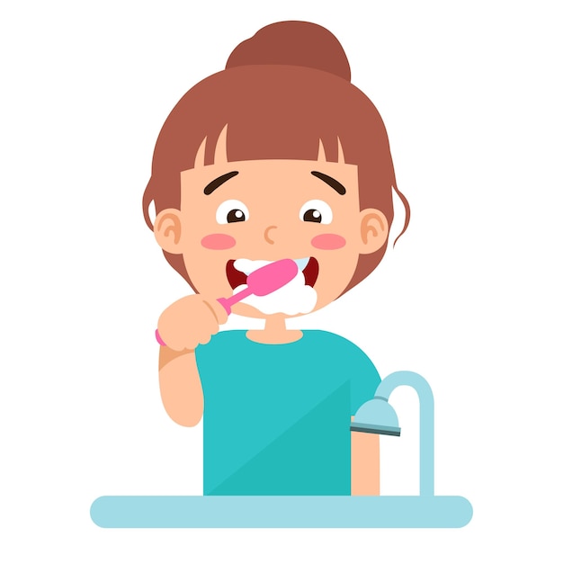 kid girl brushing teeth vector illustration