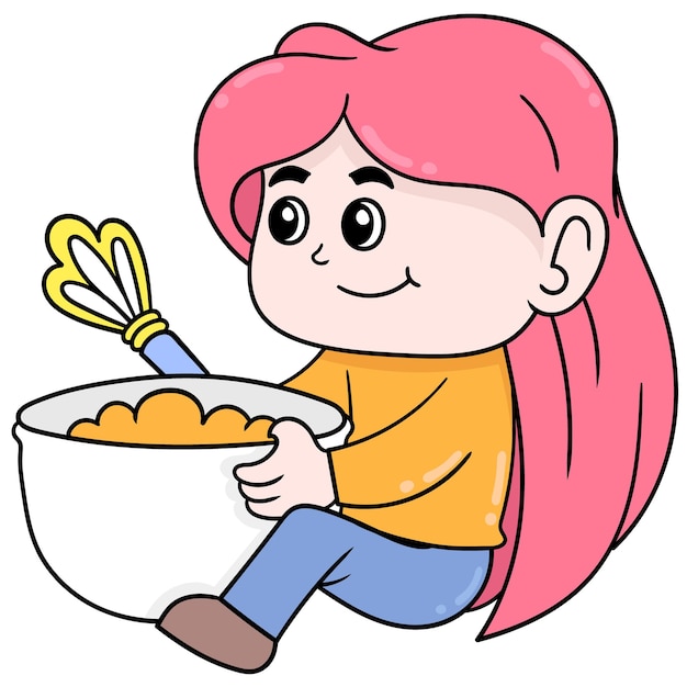 Kid girl is kneading cake dough. doodle icon kawaii.