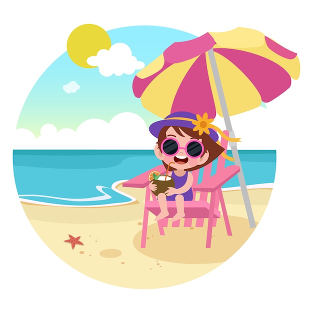 Kid girl playing on the beach illustration