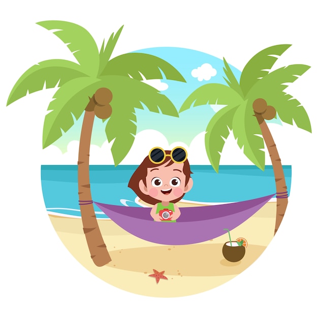 Kid girl playing on the beach illustration