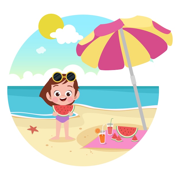 Kid girl playing on the beach illustration