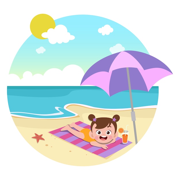 Vector kid girl playing on the beach illustration