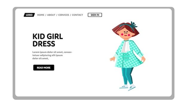 Kid Girl Posing In Fashion Dress Clothes Vector. Happy Little Schoolgirl Child Wearing Fashionable Dress. Character Choosing Garment In Clothing Store Web Flat Cartoon Illustration