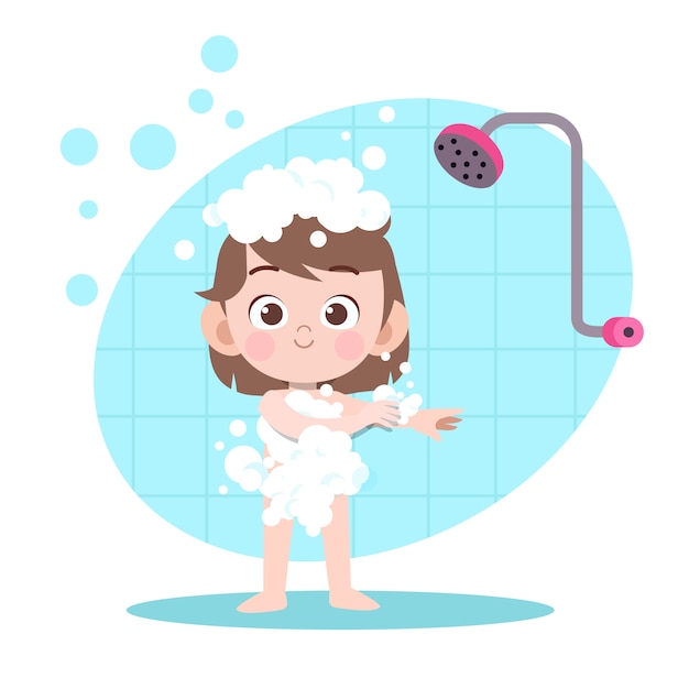 Vector kid girl shower bath illustration