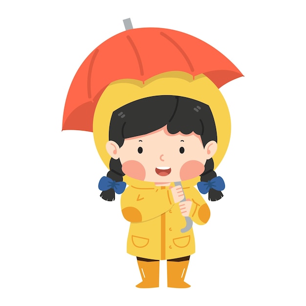 Kid girl in a yellow raincoat under umbrella