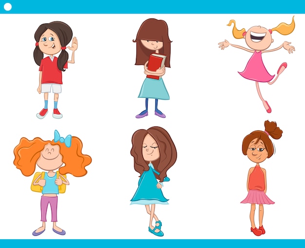 kid girls characters cartoon set