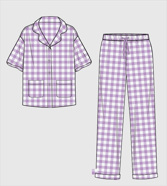 Kid girls and teen girls gingham pattern top and pajama set vector