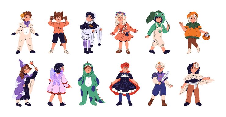 Vector kid in halloween costumes set happy children dressed in lamb fairy wizard pumpkin animals on masquerade childish carnival cute boys girls flat isolated vector illustration on white background