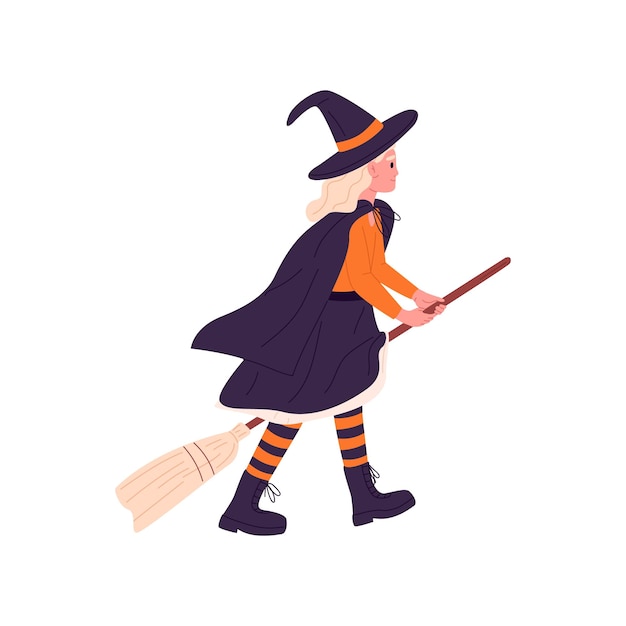 Kid in Halloween party costume of witch Disguised girl in hat cloak cape orange and black stockings Child with broom dressed for carnival Flat vector illustration isolated on white background