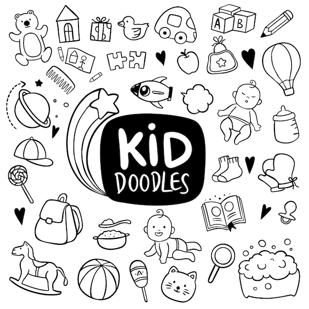 Kid hand getrokken doodle objecten