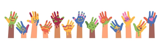 Vector kid hands in multicolor paint children drawing