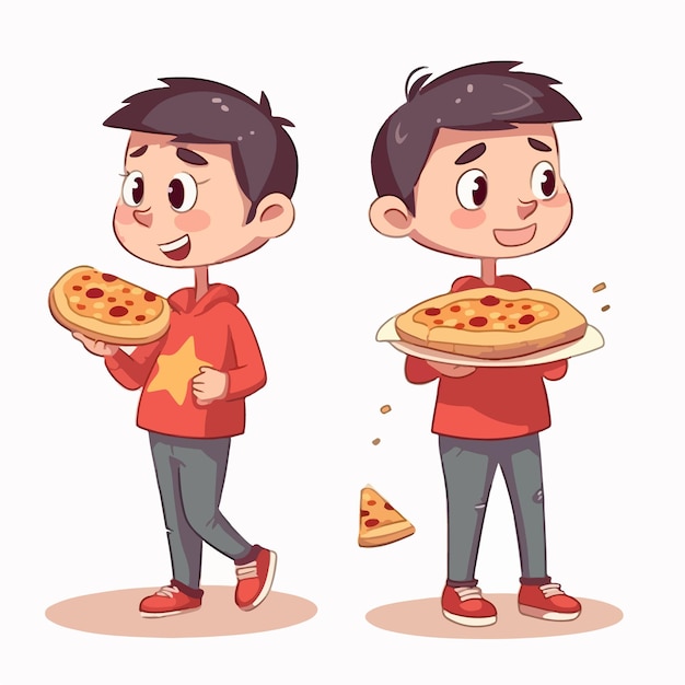 Vettore ragazzo che tiene una pizza illustrazione vettoriale giovane ragazzo multipose