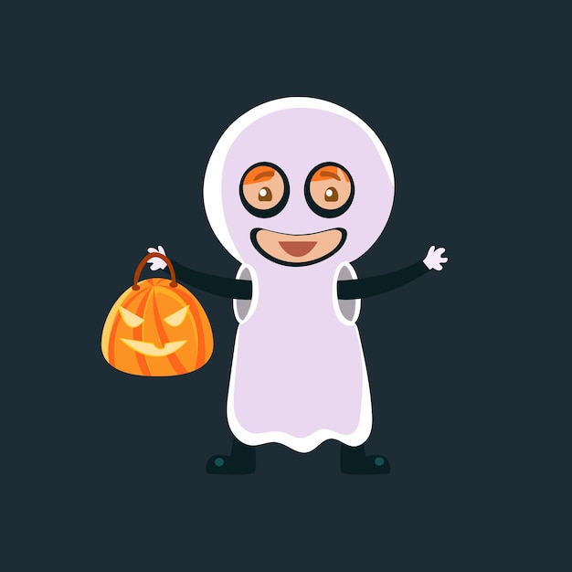 Малыш в призраке хэллоуина маскирует забавную плоскую векторную иллюстрацию на темном фоне
