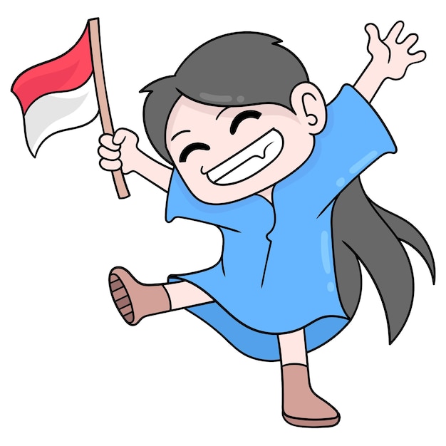 Kid is blij met het dragen van de indonesische vlag die de onafhankelijkheidsdag viert, vectorillustratiekunst doodle pictogram afbeelding kawaii.