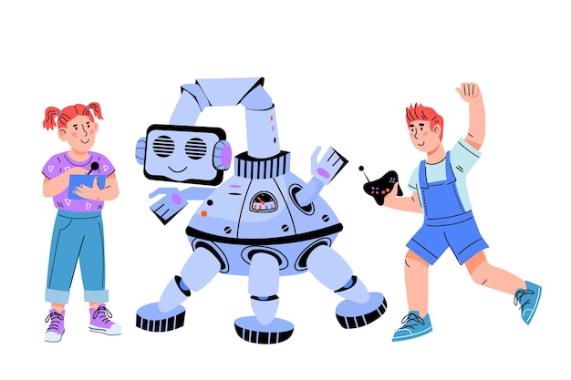 Kid is making his own robot High tech hardware engineering and electronics education Flat style vector illustration isolated on white background