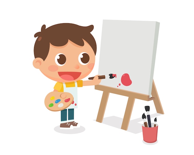 A kid is painting on a canvas frame