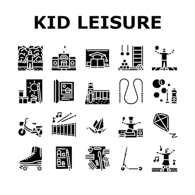 Kid leisure child fun happy icons set vector