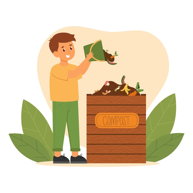 Vector kid make compost throw food leftovers to compost bin child sorting organic garbage vector