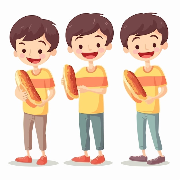 Kid met een bord hotdogs vector pose jonge jongen cartoon-stijl