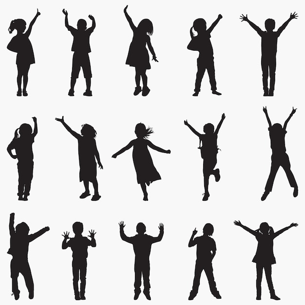 Vector kid one hand up silhouettes