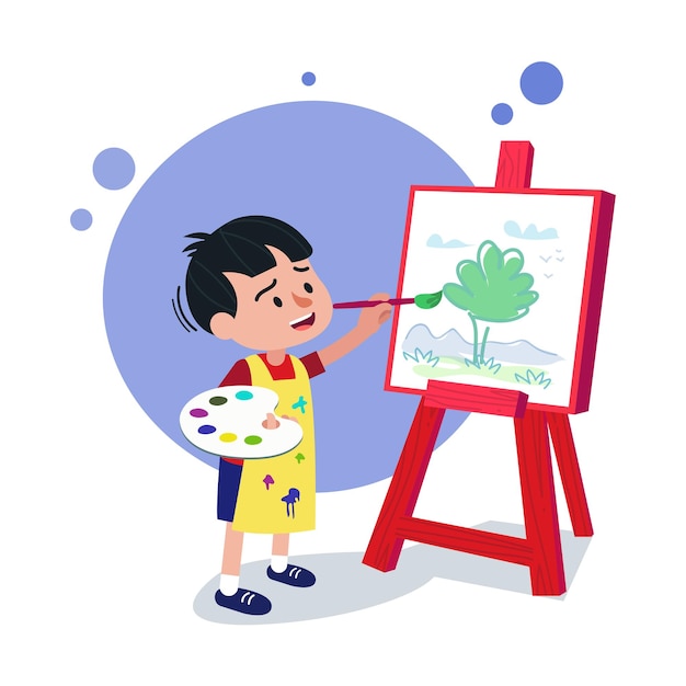 Premium Vector | A kid painting a tree drawn on the board illustration