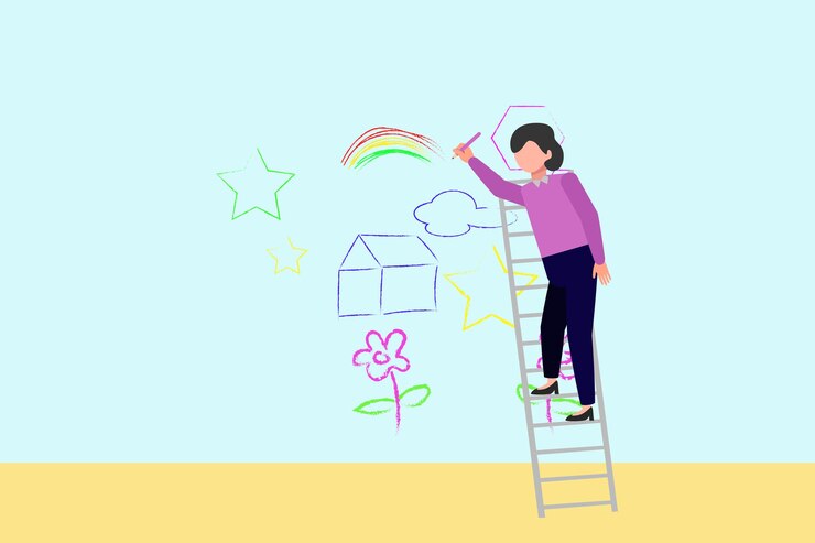 Vector kid painting on wall art concept colored flat vector illustration isolated