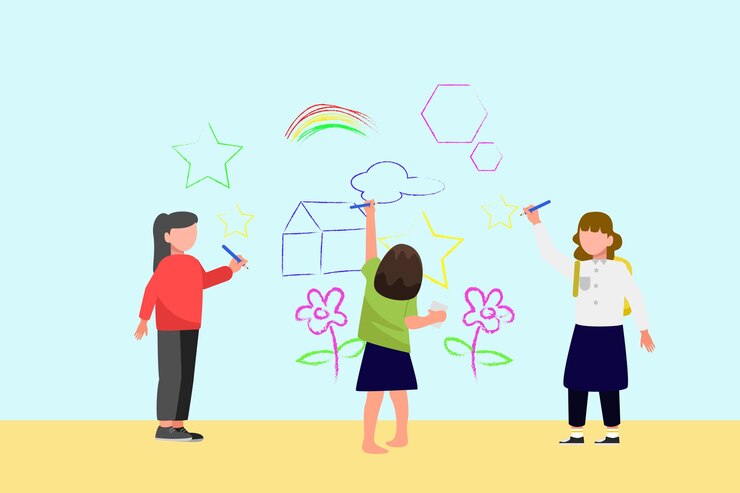 Vector kid painting on wall art concept colored flat vector illustration isolated